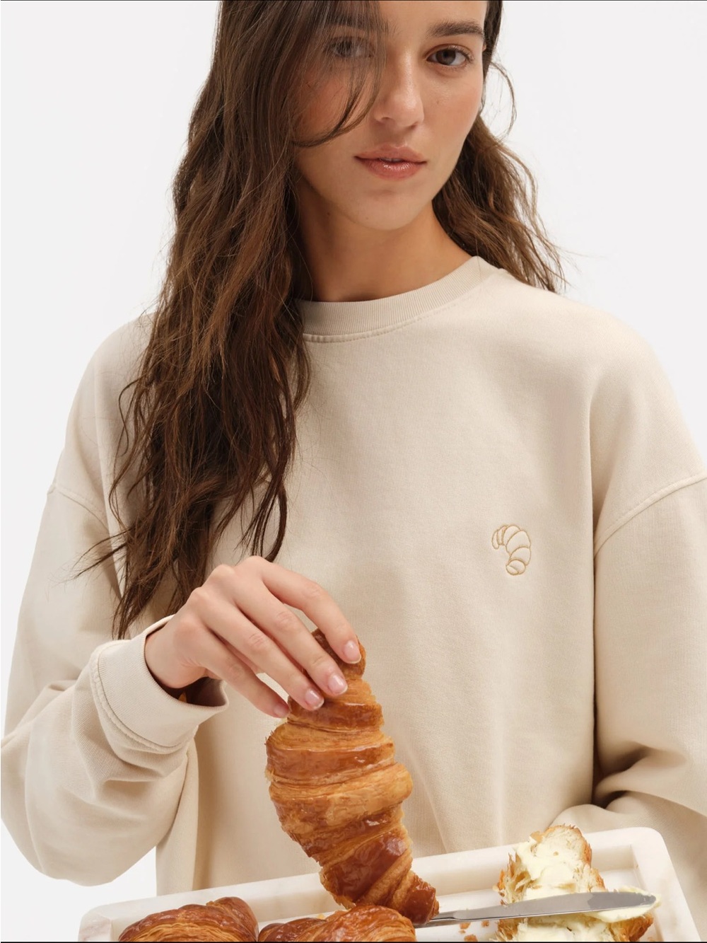MATE the Label Cream Crewneck Sweater with Croissant Embroidery